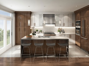 Builder rendering of a designer kitchen at Esprit Newmarket with a large island, quartz counters and built-in appliances