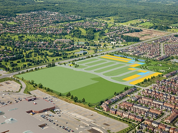 Rendering of the landscaped park, pond and walking trails within the Esprit Newmarket community