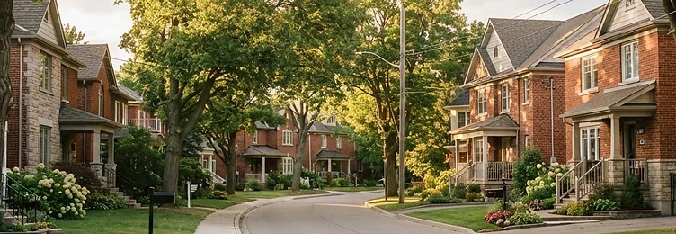 Residential street of brick family homes in Newmarket, Ontario