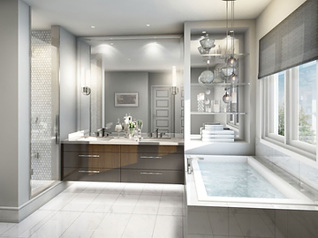 Builder rendering of a primary ensuite at Esprit Newmarket with a double vanity, glass shower and soaker tub