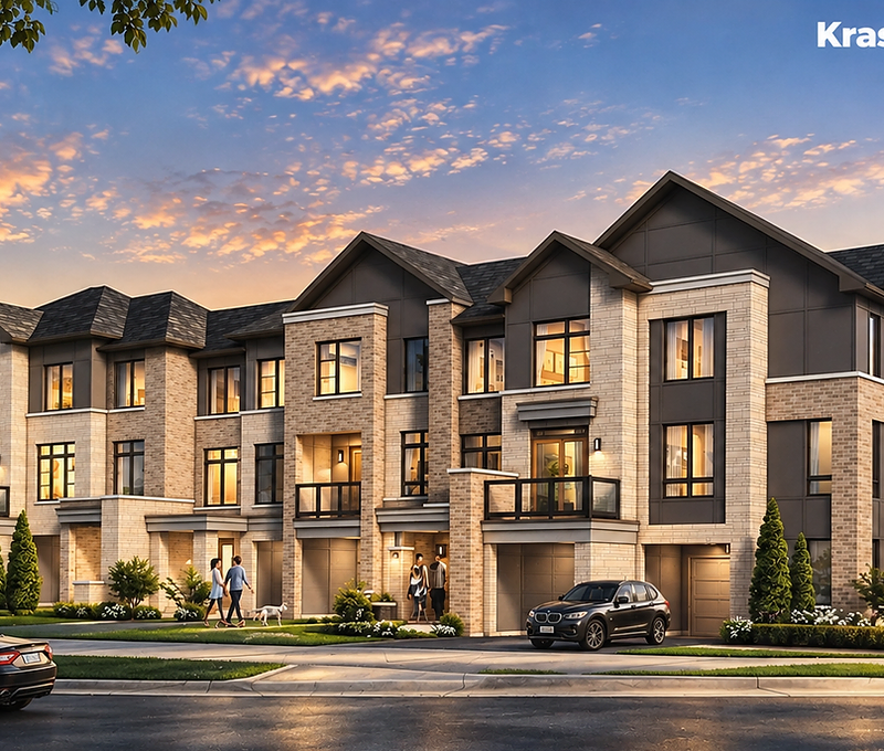 Front elevations of the Esprit Newmarket townhomes by Sundial Homes at dusk — new homes in Newmarket, Ontario.