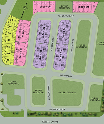 Esprit Newmarket site plan showing Blocks G1–G15, Capella Street, Solstice Circle and Davis Drive