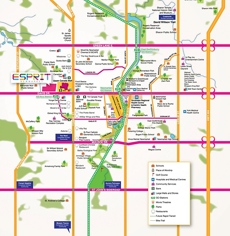 Official Esprit Newmarket area map showing the community location with nearby schools, parks, shopping, restaurants, GO stations and highways