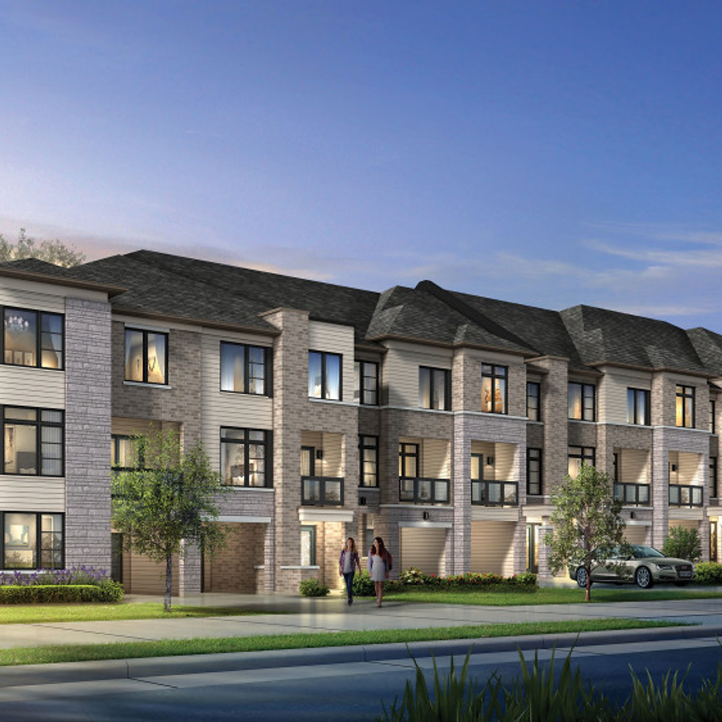Exterior rendering of townhomes at Esprit Newmarket by Sundial Homes at dusk