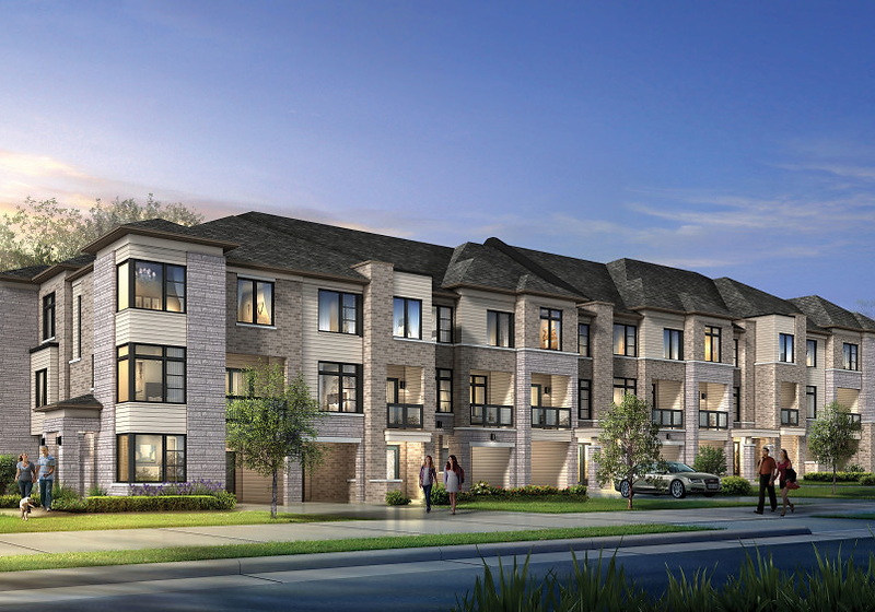 Exterior rendering of townhomes at Esprit Newmarket by Sundial Homes at dusk