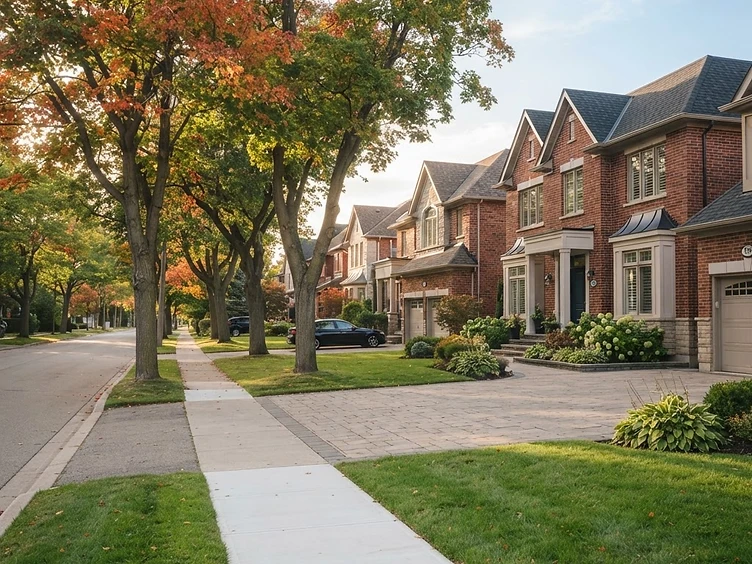 Tree-lined residential street of brick family homes in Newmarket, Ontario