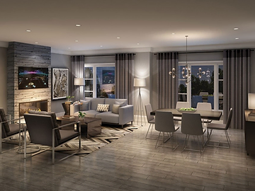 Builder rendering of an open-concept living and dining room at Esprit Newmarket with a stone fireplace feature wall