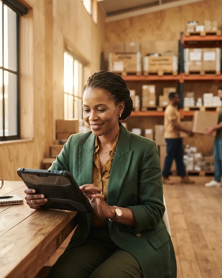 A business owner calmly reviewing operations on a tablet in a light-filled warehouse