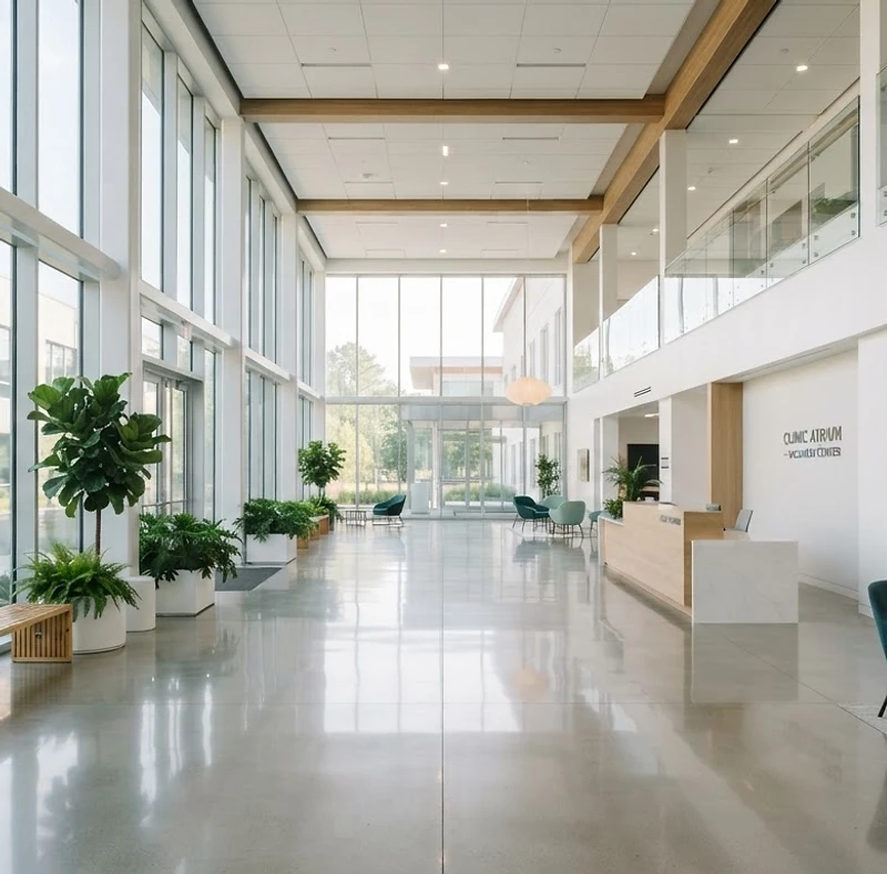 Sun-drenched atrium of a modern medical office building