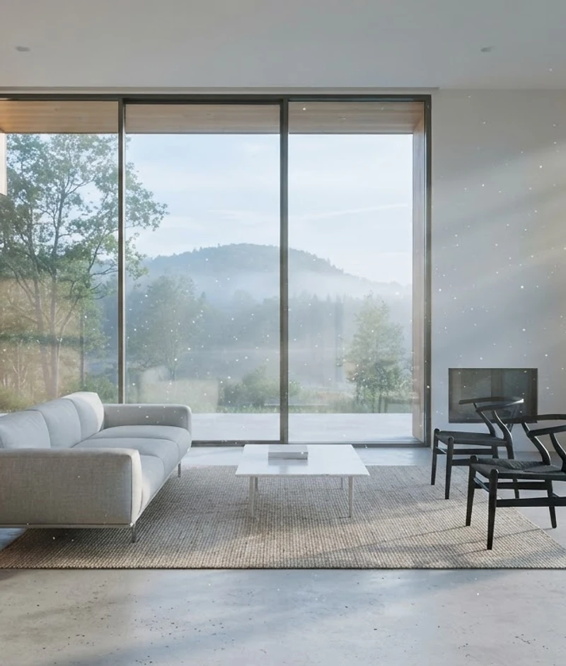 Pristine minimalist interior with morning light and visible dust motes