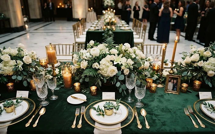 Elegant repasse tablescape with gold cutlery, green velvet linens and white floral centerpieces