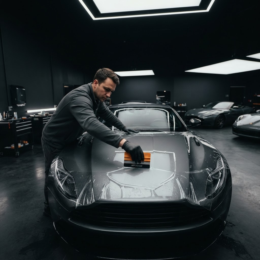 A professional installer applies clear paint protection film to the hood of a luxury car in a dark automotive studio.