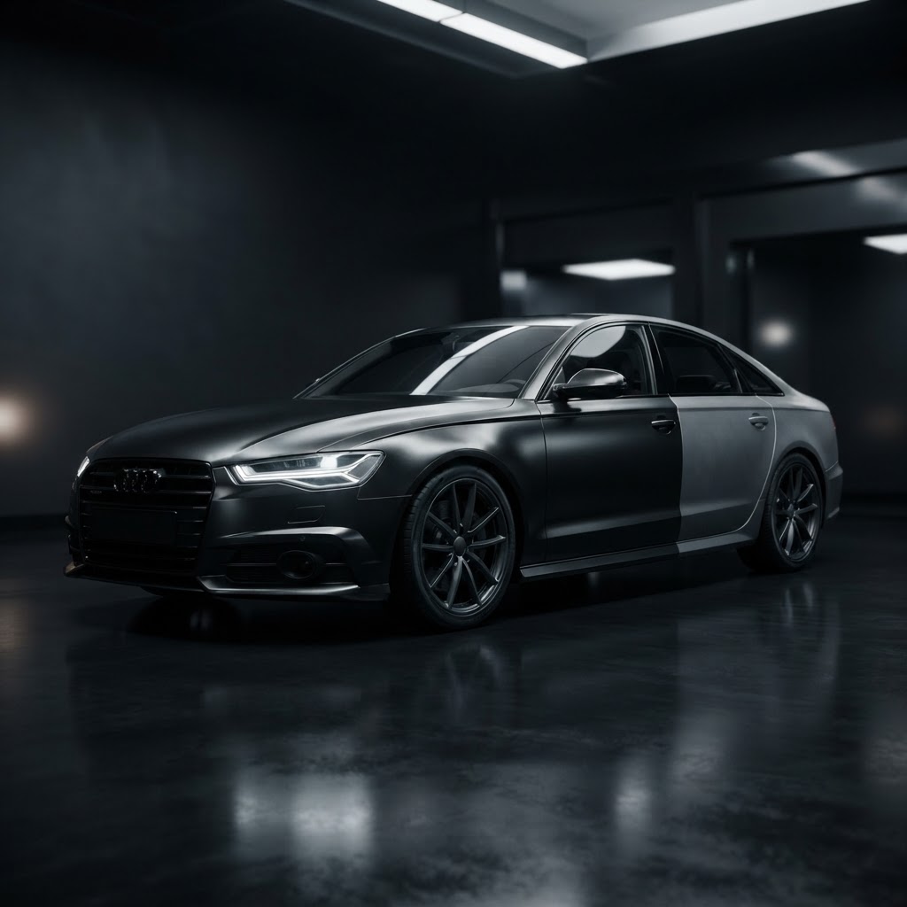 A luxury sedan in a dark studio showing a split finish between matte and gloss paint protection films.