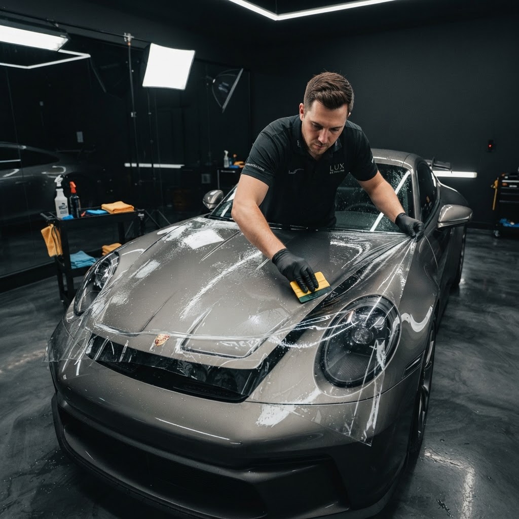 A technician using hands to smooth transparent paint protection film onto the hood of a luxury sports car in a studio.