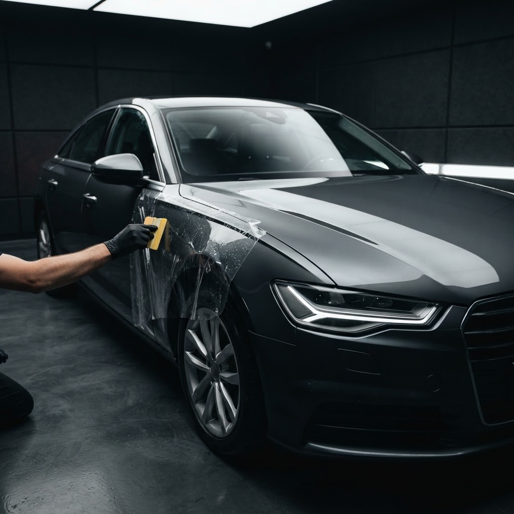 Close-up of a premium vehicle showing paint protection film application on one side and a glossy ceramic coating finish.