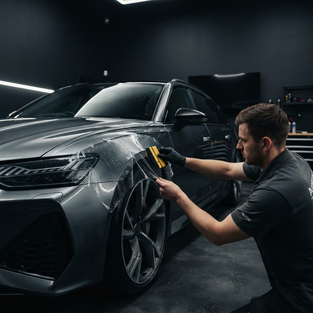 Professional installer applying clear paint protection film to a luxury car in a dark, high-end automotive studio.