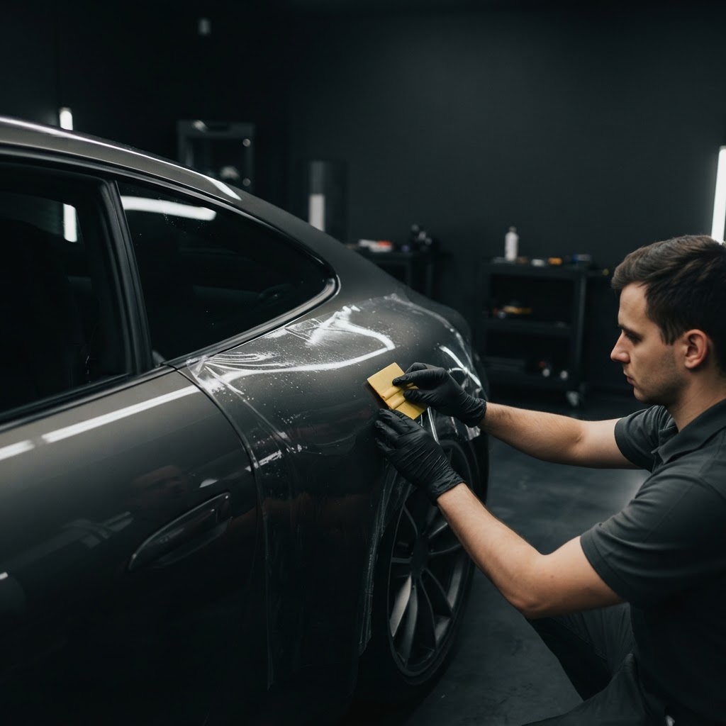 Professional technician applying transparent protective film to a luxury car in a dark automotive studio.