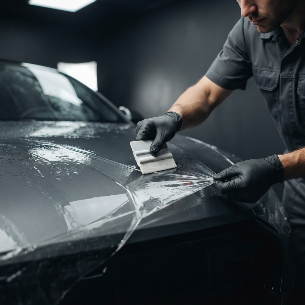 Professional installer applying clear paint protection film to a vehicle hood in a dark, cinematic studio.