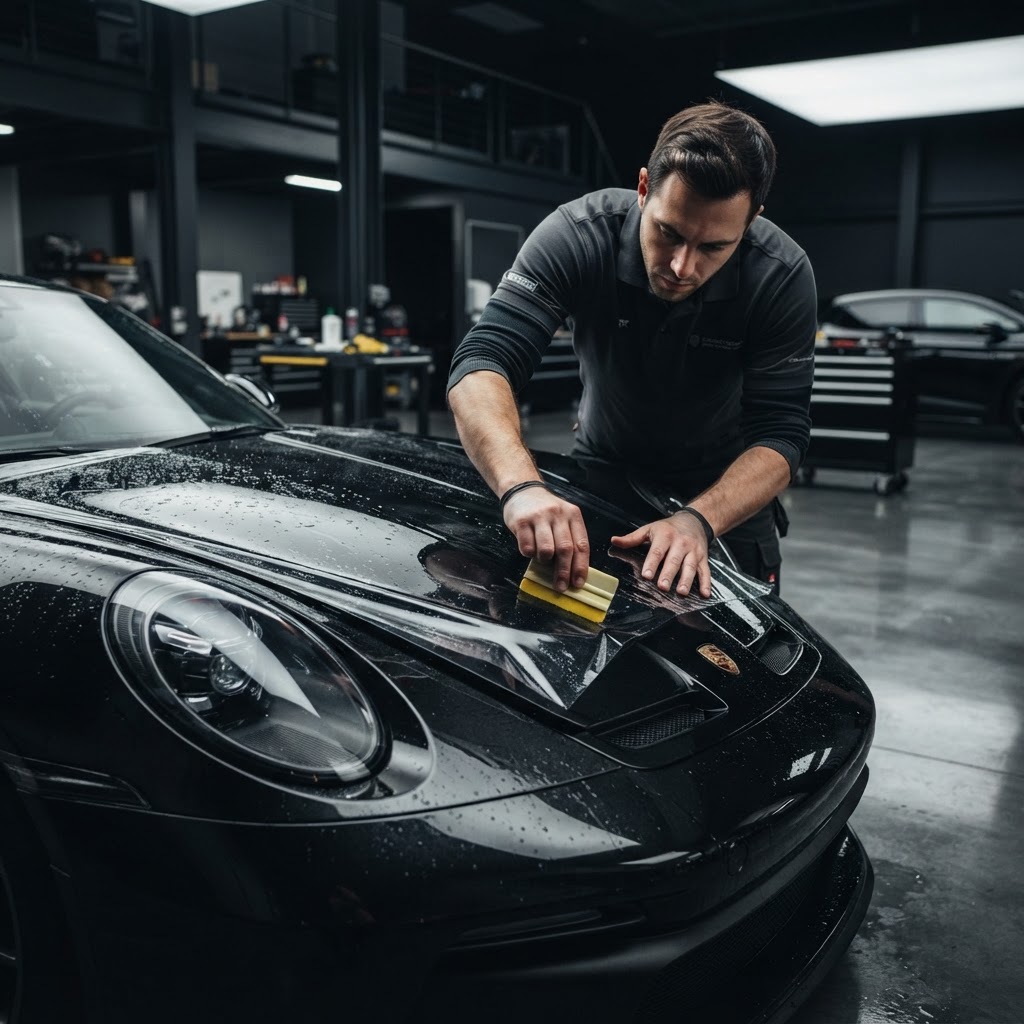 Professional technician applying transparent paint protection film to the hood of a luxury vehicle in an automotive studio.
