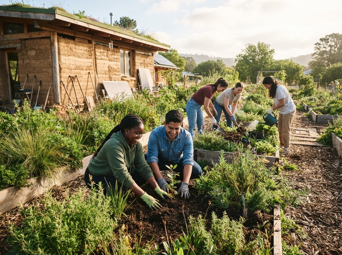 Students working in the Edu-Village sustainable garden