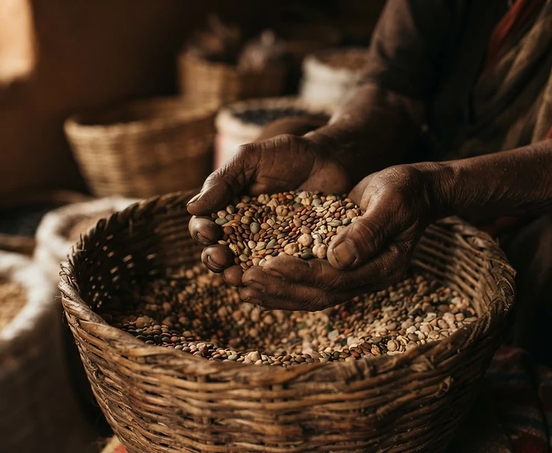 Hands cradling dried grains and pulses over a woven basket
