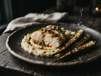 Poached cod with yam purée and charred okra on a dark plate