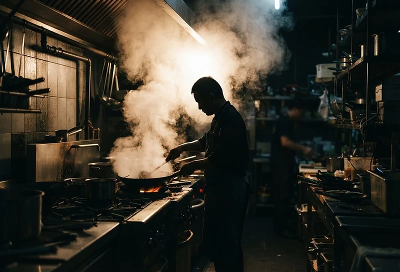 Steam rising in a dark professional kitchen with a silhouetted chef