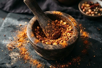 Mortar and pestle with crushed peanut suya spice blend