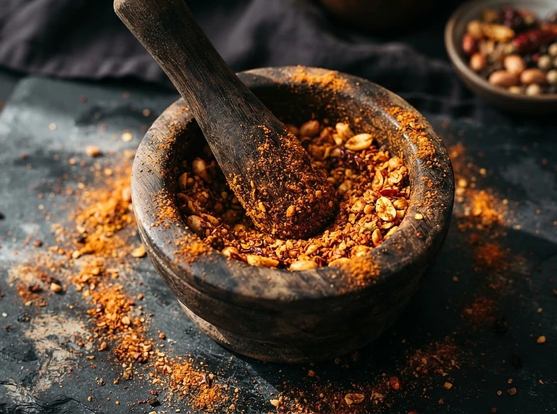 Mortar and pestle with crushed peanut suya spice blend
