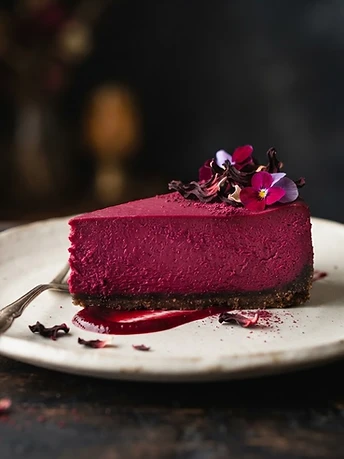 Slice of deep magenta hibiscus cheesecake with dried petal garnish