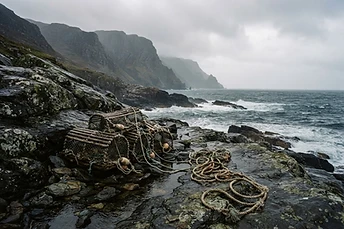 Rugged Scottish coastline with fishing creels on wet dark rock