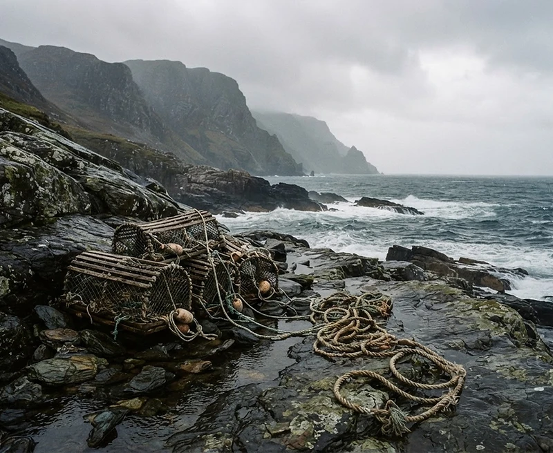 Rugged Scottish coastline with fishing creels on wet dark rock