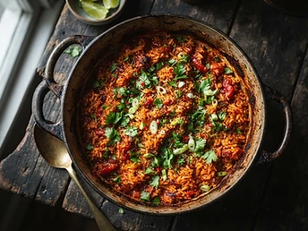 Jollof rice in a cast iron pot with smoky charred edges