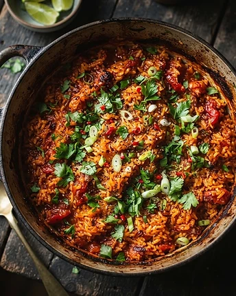 Jollof rice in a cast iron pot with smoky charred edges