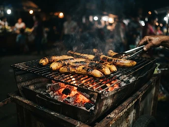 Charred grilled plantain halves over glowing embers
