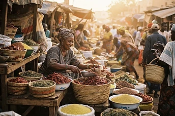 West African market stall with baskets of dried peppers and grains at golden hour