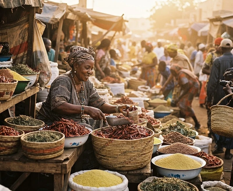 West African market stall with baskets of dried peppers and grains at golden hour