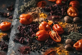 Scotch bonnet peppers and dried hibiscus on weathered dark stone