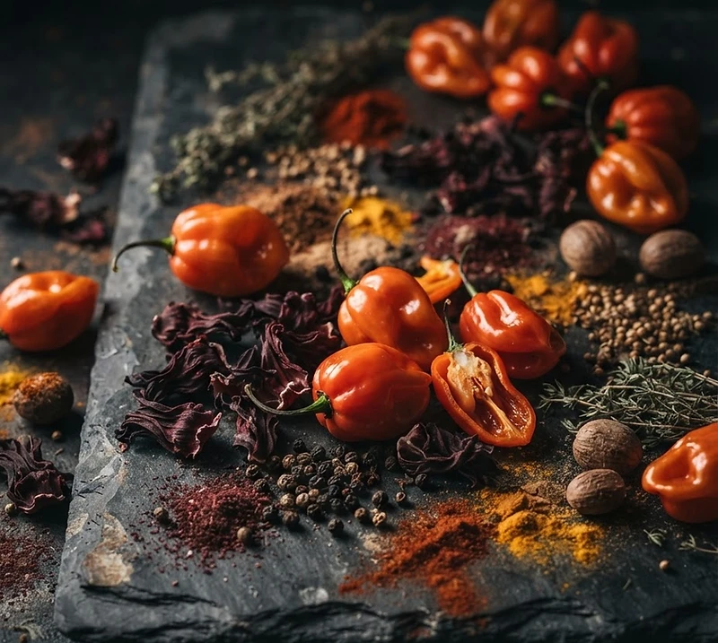 Scotch bonnet peppers and dried hibiscus on weathered dark stone