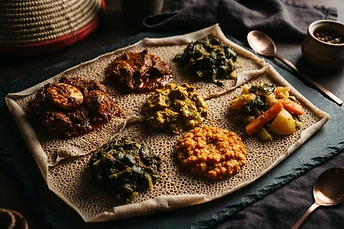 Injera with small mounds of stews on a dark tray