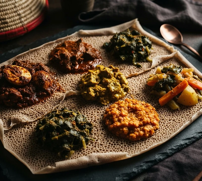 Injera with small mounds of stews on a dark tray