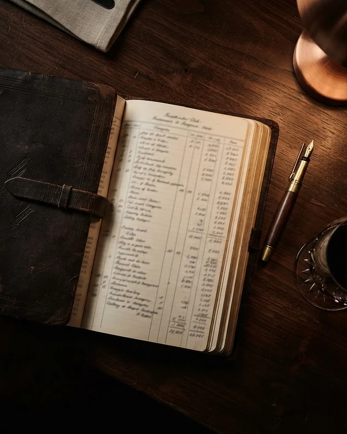 Leather ledger and brass pen on a restaurant table