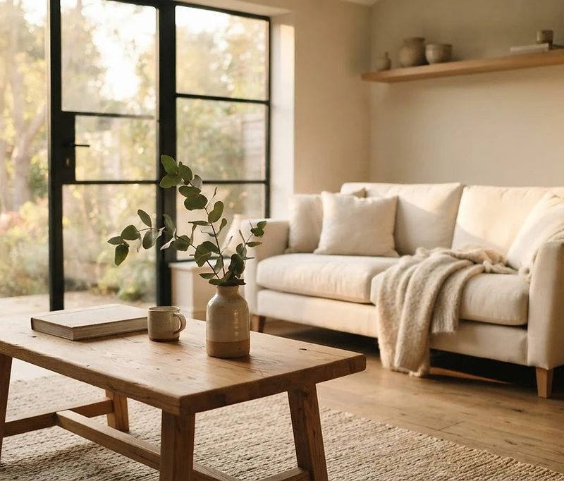 Sun-drenched serene home interior in warm ivory and oak tones