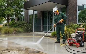 Commercial waterblasting — pressure washing a concrete walkway at a commercial building