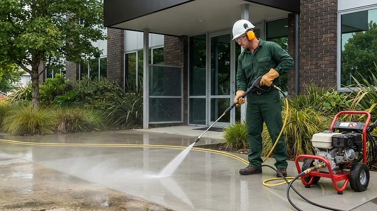 Commercial waterblasting — pressure washing a concrete walkway at a commercial building