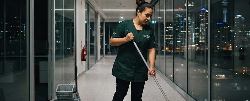 Professional commercial cleaner servicing a modern office corridor after hours