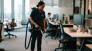 Professional cleaner working inside a modern corporate office