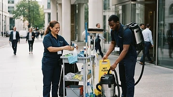 Commercial cleaning team preparing equipment for a cleaning service