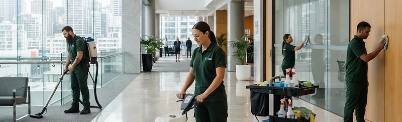Professional commercial cleaning team working in a modern corporate lobby