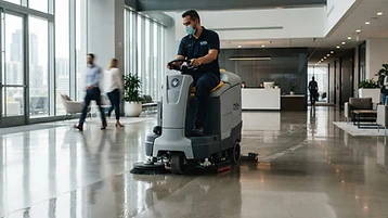 Professional commercial floor-cleaning equipment in operation